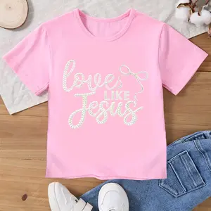 Love Like Jesus Faith T-Shirt, Girly Coquette Christian T-Shirt, JesusT-Shirt, Easter girls’Letters with cute bowknot print T shirt