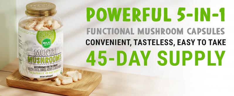 MAJU Organic Mental Mushroom Capsules (90ct) - Edible Extract Supplement w/ Lion's Mane, Cordyceps, Reishi & Chaga for Focus, Wellness & Immune Health Healthcare Dietary