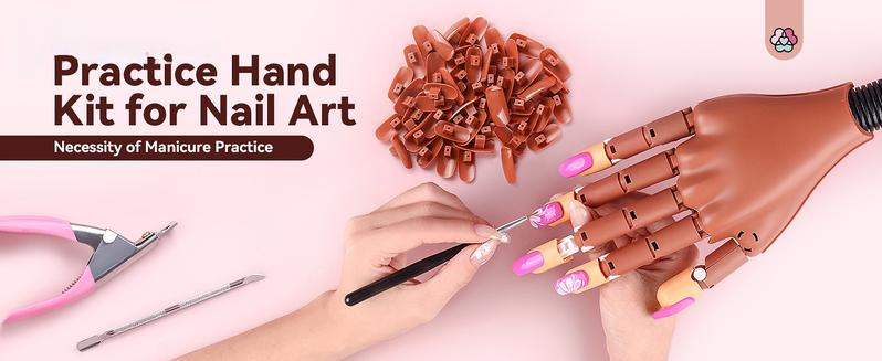 Practice Hand for Acrylic Nails, Flexible Moveable Fake Hands, Manicure Trainng Hand Nail Kit for Beginners, Movable Nail Maniquin Hand with 200PCS Nail Tips, Nail Glues, Brush and Clipper
