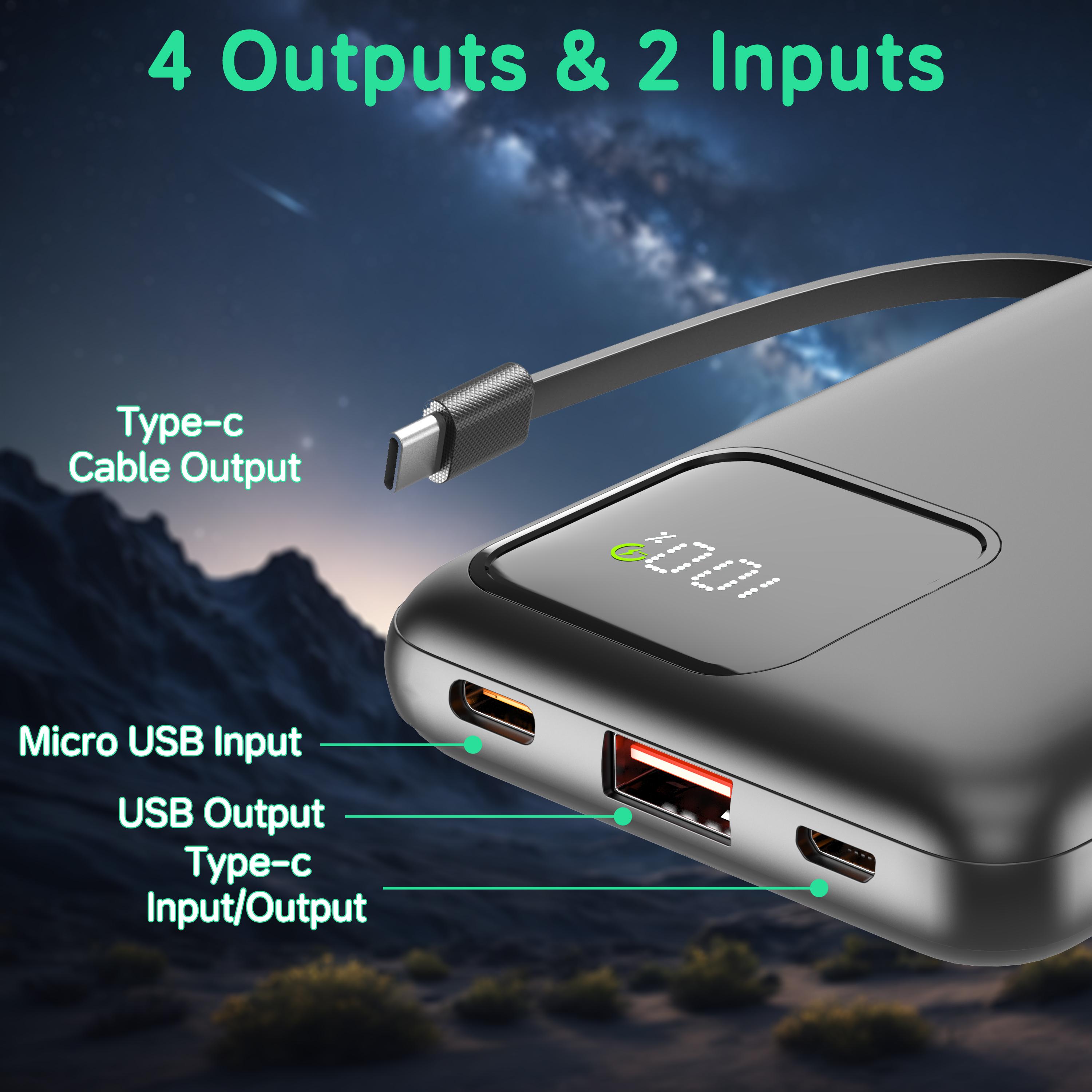 10000mAh Portable Power Bank with Built-in Cables, 22.5W Fast Charging Slim Charger for iPhone, Android, Samsung, Google Pixel, iPad