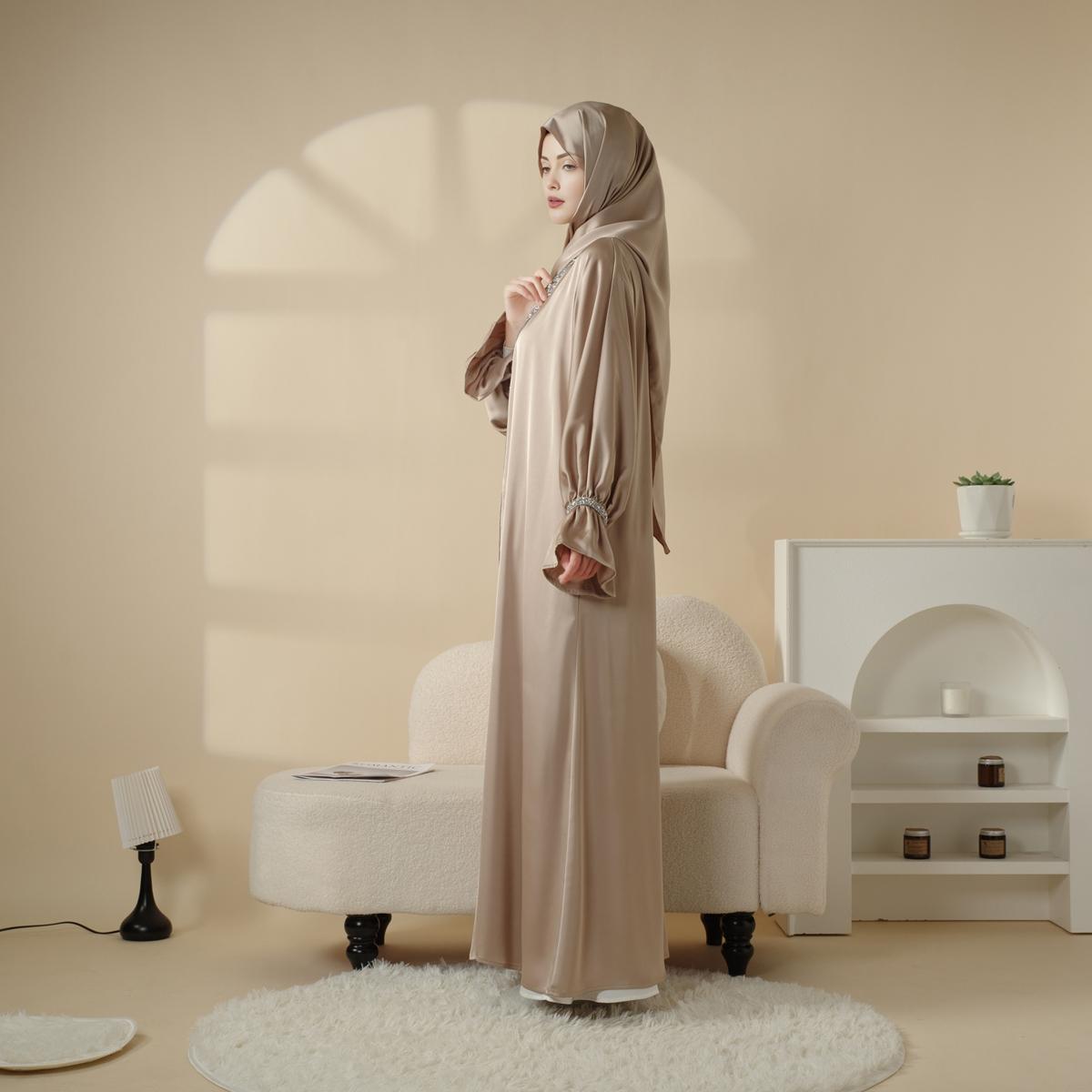 Poet Sleeve Satin Abaya Set | 4-Piece Satin Design | Shimmering Gem Details | Includes Open Abaya, Fitted Inner Dress, Hijab, Belt | Side Pockets & Round Neckline | Full-Length Elegance | Perfect for Weddings & Formal Events | elegant maxi winter jilbabs