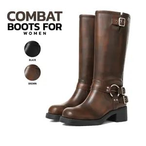 Combat Boots For Women Round Toe Chunky Block Heel Metal Buckle Straps Pull On Fashion Retro Party Punk Rave Rocky Concert Vintage Riding Cowboy Cowgirl Boot Rocky Motorcycle Booties