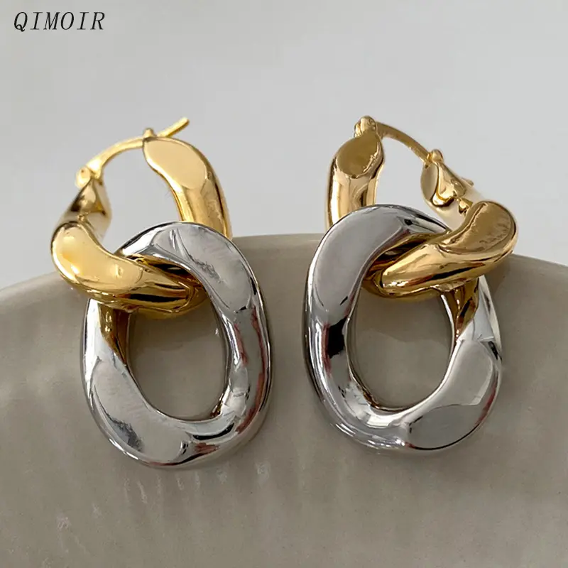 Thick Metal Link Chain Two-tone Clip On Earrings For Women Classic Fashion Jewelry Wholesale Accessories Timeless Styles C1593