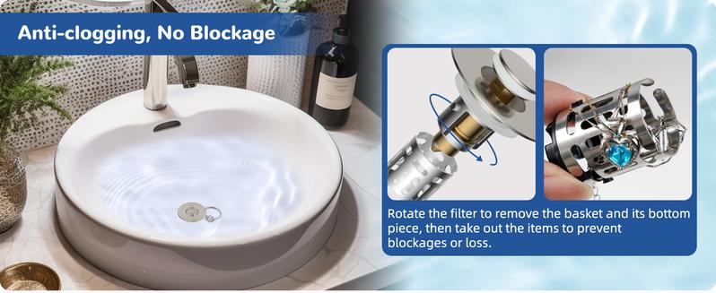 Hibbent Upgraded 3 in 1 Bathroom Sink Drain Strainer, Universal Pop Up Stopper with Removable Stainless Steel Filter Basket Hair Catcher, Sink Plug for 1.1''~2.36'' Basin, Brass Core, Brushed Nickel