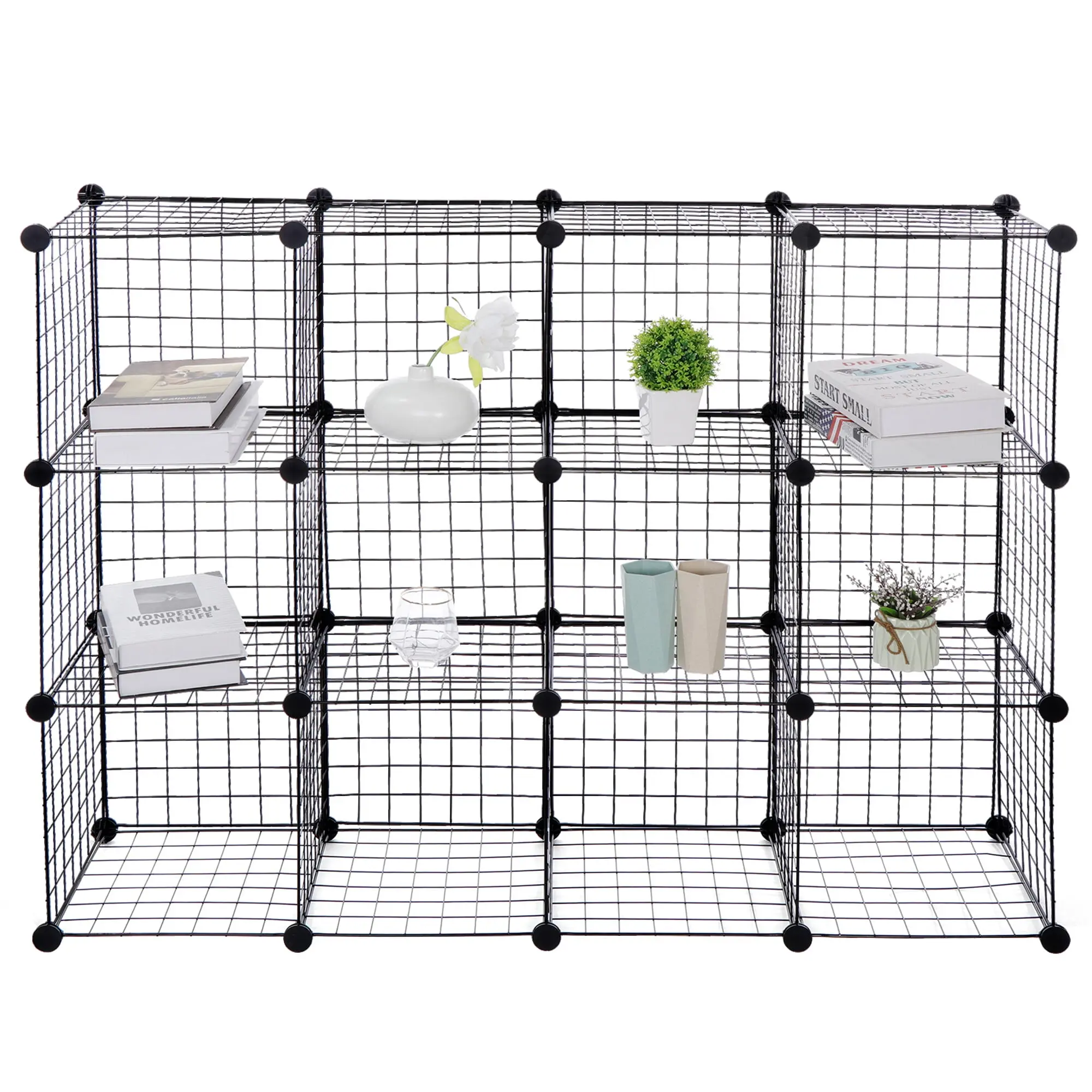 Segawe 12-Cube Wire Netting Grid Storage Rack - Industrial Freestanding Metal Panels Cabinet, Dustproof Stackable Expandable Adjustable Standing Shelf with Hammer, DIY Your Layout Cube Shape Organiser for Home Storage, Bookshelf Rack