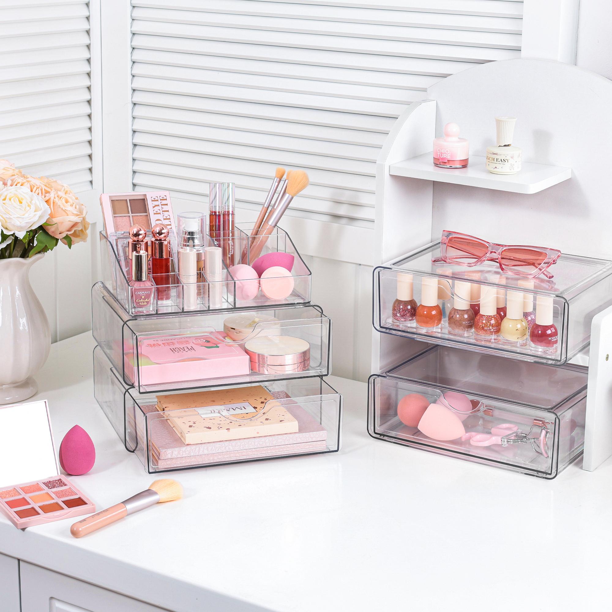 [2 Set] Vtopmart 5 Tier Clear Makeup Organizer with Drawer for Dresser Countertop & Bathroom Vanity Cosmetic Storage for Lipstick Brush Skincare Spacious Compartments Transparent Design Anti-Slip Silicone Pads Boxes New Year Gift