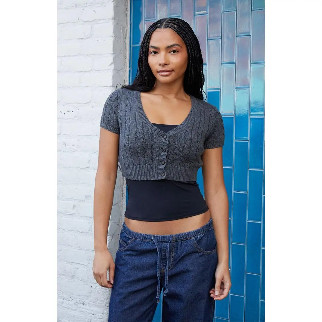 John Galt Women's Gray Cable Knit Cropped Cardigan