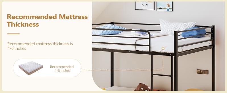 JOYMOR Bunk Bed Twin Over Twin, Metal Twin Size Bed Frame with Safety Guardraild for Boys Girls, Junior, Low Profile Space Saving Design, Mattress Not Included