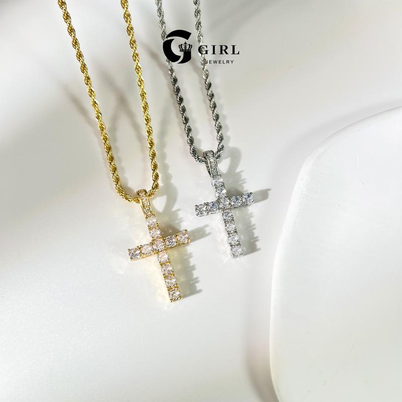 GGIRL Artificial Zirconium 18K Gold Plated Cross Pendant Necklace for Men Women Hip Hop Jewelry Stainless Steel 3/5mm Chain Fashion Jewelry Gift for Holiday Haul Christmas Birthdays Anniversaries