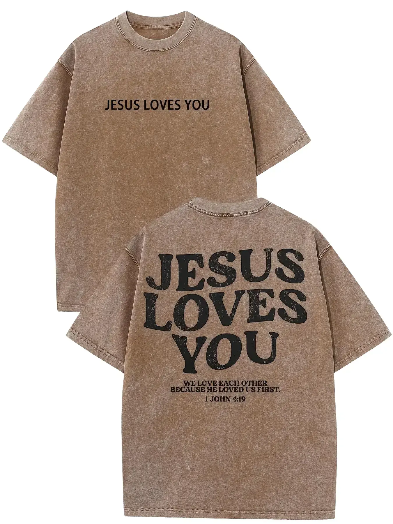 Men's Vintage Distressed Print "Jesus Loves You" Short-Sleeve Tee - Soft Washed Cotton Crew Neck, Drop Shoulder Menswear T-Shirt, Religious Church Attire, Father's Day Gift, Casual Streetwear