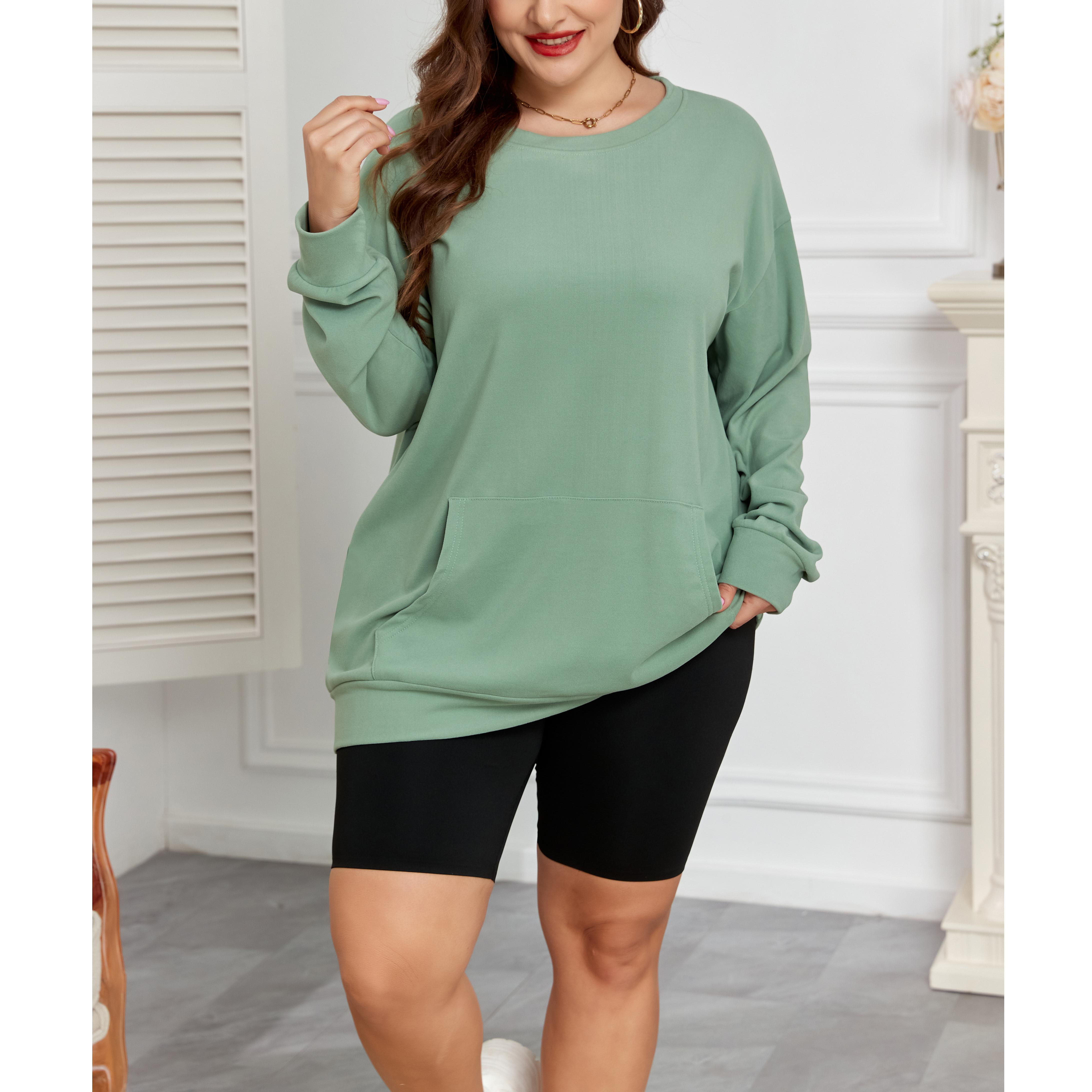 AUSELILY [Plus Size] Women's Crewneck Hoodless Sweatshirt With Kangaroo Pocket  Fleece Longsleeve Casual Style Shirt  Lightweight Pullover SpringStatements