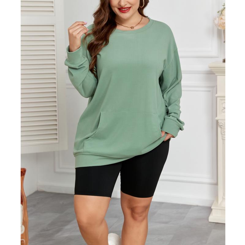 AUSELILY [Plus Size] Women's Crewneck Hoodless Sweatshirt With Kangaroo Pocket  Fleece Longsleeve Casual Style Shirt  Lightweight Pullover