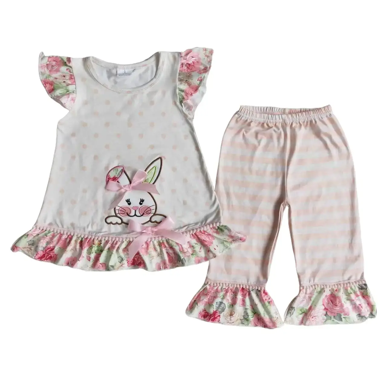 Cocokids Girls Bunny Embroidery Easter Outfit | Floral Spring Pants Set & Cute Holiday Clothes