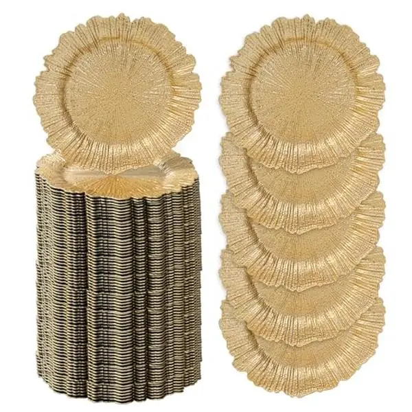 MAONAME 13" Gold Charger Plates Set of 12/24/36/48/96, Reef Plate Charger Bulk, Round for Dinner Plates, Plastic Table Charger for Wedding Decor Tableware Dishwasher Safe Tableware