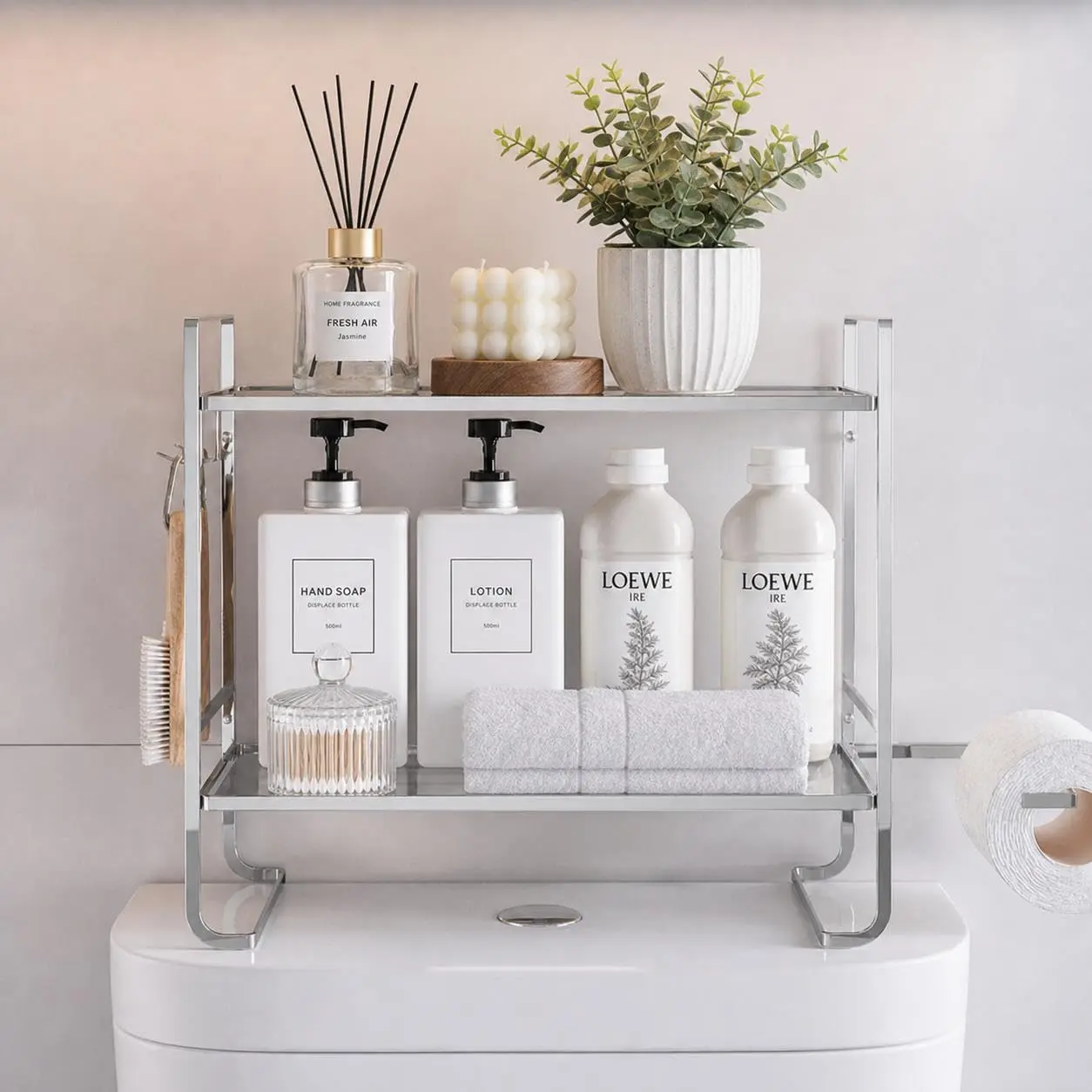 Over The Toilet Storage Shelf Metal Above with 2 Hooks and Paper Holder No Drilling Toilet Organizer for Small Bathroom Space Saving Multi-Purpose Toilet Tank Organizer Rack Silver