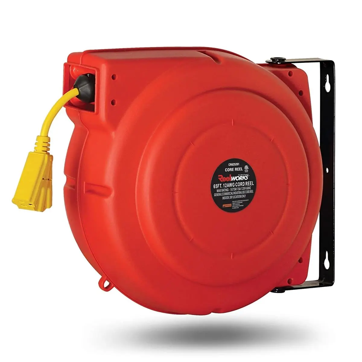 Spring-Driven Retractable Tangle-Free Extension Cable Reel - 65 ft 12 Gauge, Wall-Mountable Polypropylene Impact-Resistant Plastic Cable, Swivel Bracket Compatible, 19.8 lbs for Wall Installation & Workplace Use