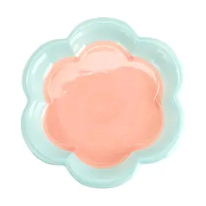 Golden Lion Large Ceramic Floral Plate - Blue Trimmed Pink Base Dinnerware, 7.8" Square Dish