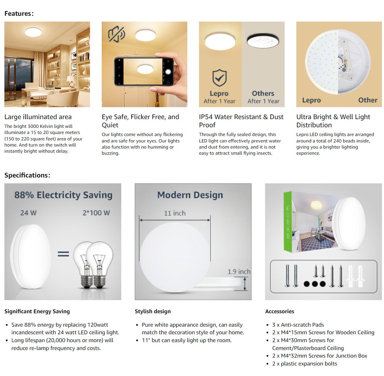 Lepro 15 watt Flush Mount LED Ceiling Light Fixture for Bathroom Waterproof Soft Warm White 3000 Kelvin 1250 Lumen 120 watt Equivalent Ceiling Lamp for Kitchen, Laundry, Bedroom, Hallway