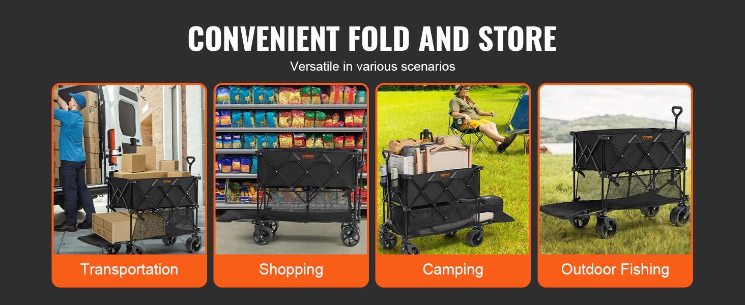 VEVOR Foldable Double Decker Wagon, TikTokShopBlackFriday, 400L Collapsible Wagon Cart with All-Terrain Wheels, Heavy Duty Folding Wagon Cart 350 lbs Weight Capacity for Camping, Shopping, Garden, 52" Extra Long Extender Outdoor Picnic Storage