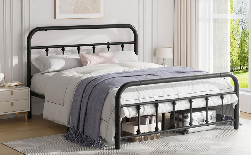 Walsunny Metal Platform Bed Frame Mattress Foundation with Victorian Style Iron-Art Headboard/Footboard, Under Bed Storage, Queen, Full, Twin Size