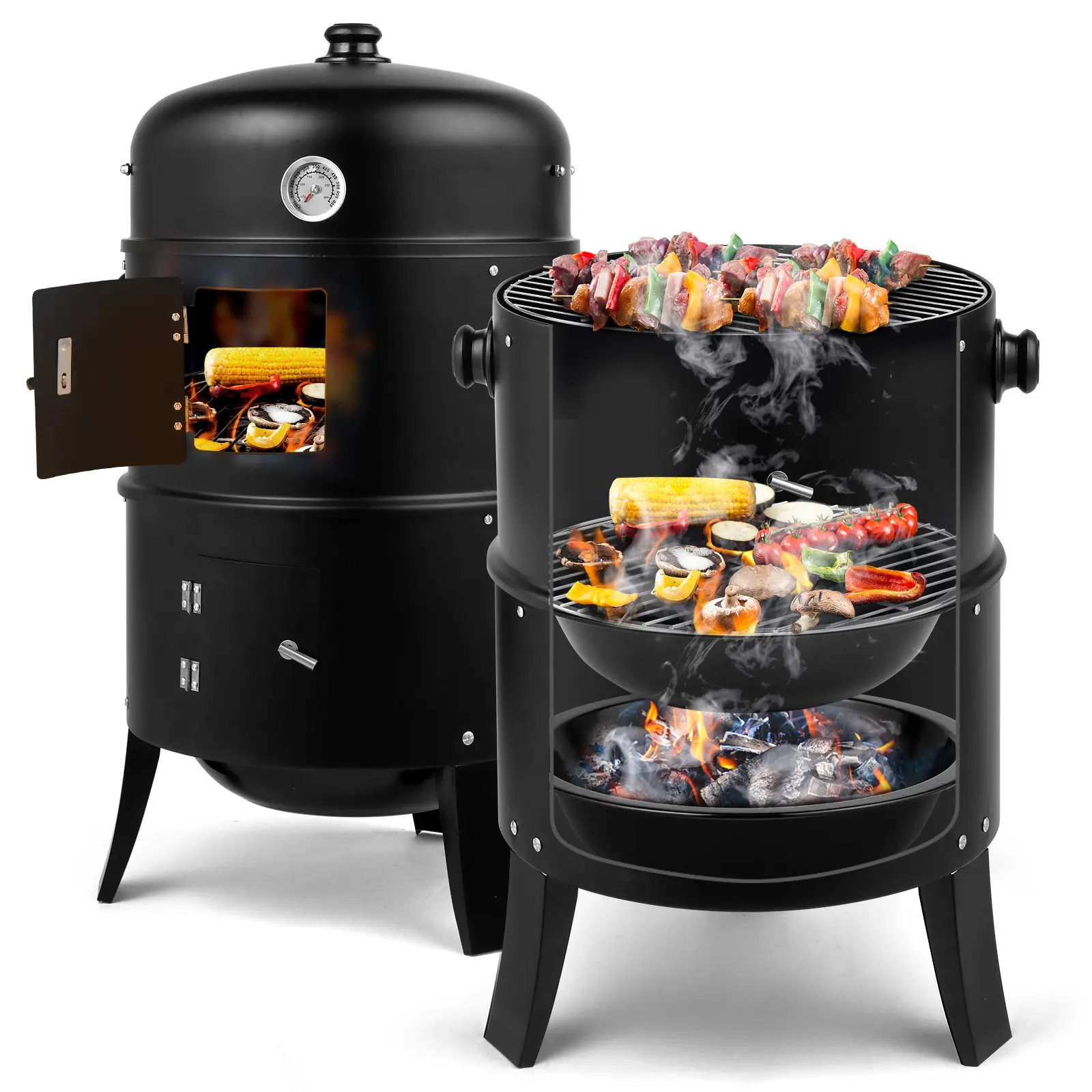 17-in Vertical Steel Iron Charcoal Grill BBQ - Heavy-Duty 3-in-1 Adjustable Portable Outdoor Cooker with Built-in Thermometer for Backyards, Camping, Parties, Charcoal Grills Bbq, Grilling Outdoor Cooking