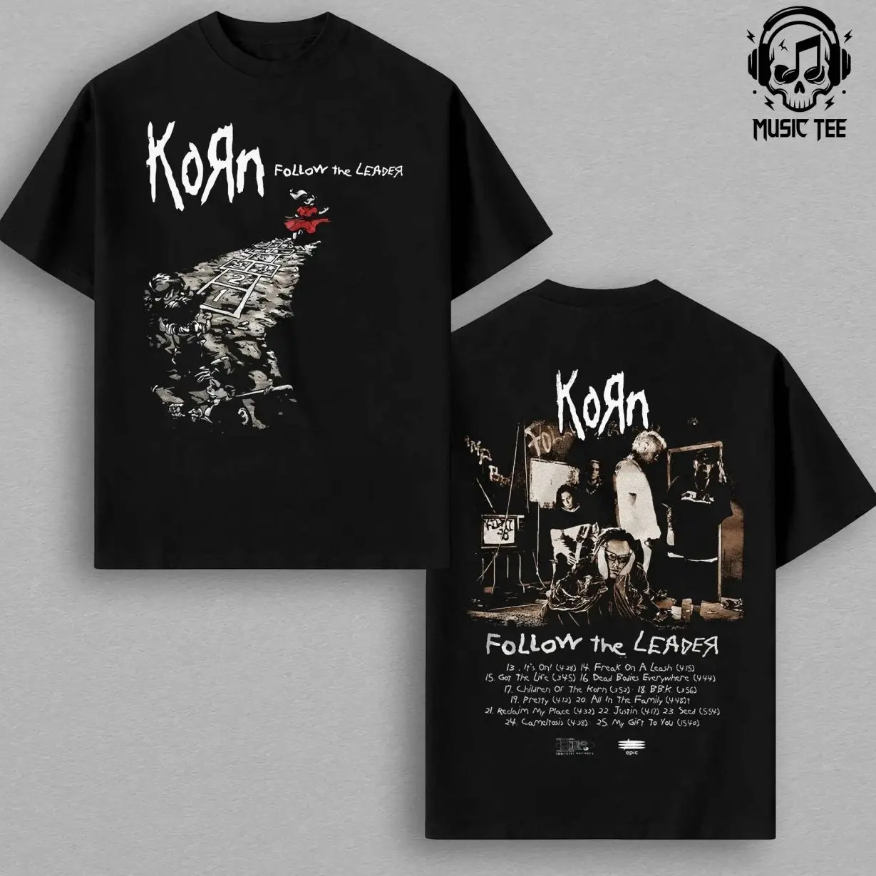 KoRn Follow The Leader T-Shirt Nu Metal Rock Band Graphic Tee Concert Merch Hopscotch Design Back Tracklist Black Standard Unisex Tee Gift for Metal Fans 2026 Tour Streetwear YO8