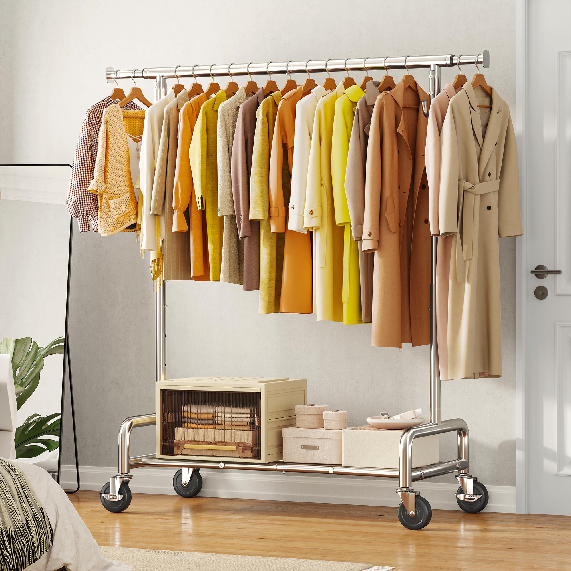 Raybee Clothes Rack for Hanging Clothing with Lockable Wheels , 75" Extendable & Height Adjustable Coat Rack, Heavy Duty Clothes Racks Holds Up to 440LBS, Portable Rolling Garment Rack with 4 Hooks for  Bedroom, Laundry Room, Commercial, Chrome