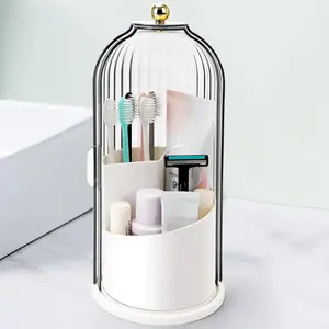 Makeup Brush Holder With Dust Cover, Bathroom Toothbrush Holder, 360° Rotating Makeup Brush And Toothbrush Organizer, Suitable For Vanity And Bathroom, Organizing Cosmetics And Toiletries.
