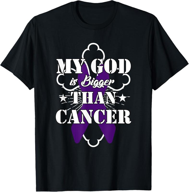 Women's Casual Cotton Short-Sleeve Round Neck T-Shirt Top, 1pc Pancreatic Cancer Support Tee with "My God Is Bigger Than Cancer" Faith Print, Comfortable Fabric for 3XL-4XL Religious Patients