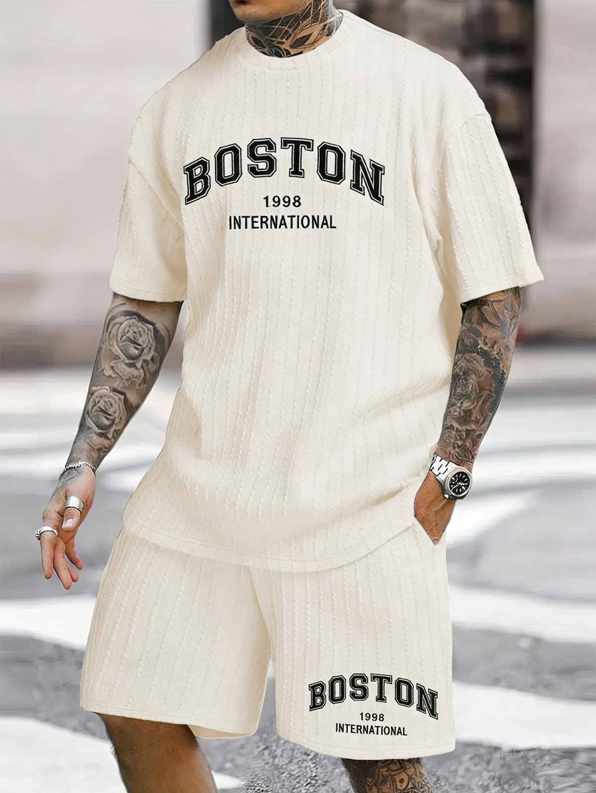 ZAFUL Top Menswear 2-Piece Stretch Fabric Set - Textured Knit Jacquard Shortsleeve T-Shirt with Boston Letter Embroidery, Mid Drawstring Casual Shorts for Streetwear, 2 Pcs Set, Crew Neck, Round Neck, Classic, Basic, Adjustable Waist, Fitted, Stripe, S, P