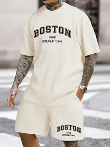 ZAFUL men's suits-Textured Knit Jacquard Men's 2 Piece Outfit - Boston Letter Embroidered T-Shirt & Drawstring Casual Shorts Streetwear Set