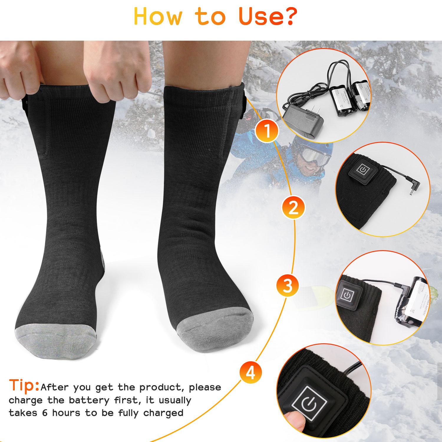 1 Pair Rechargeable Thermal Heated Socks with 3 Heat Settings, 2pcs 4000mAh Batteries, Soft Nylon, Washable for Winter Camping, Skiing, Hiking