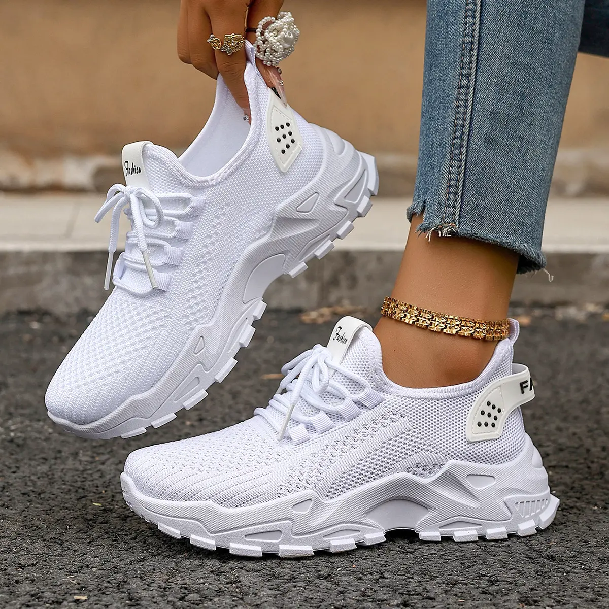 Women's Shoes - Athletic Tennis Sneakers for Women, Lightweight Breathable Fly Knit with Thick Soles, Ideal for Walking & Gym Wear
