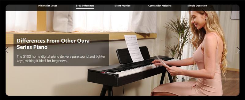 onner OURA S100 Home Digital Piano with 88 Key Graded Hammer Weighted Keyboard for Beginner, Boasts Bluetooth, 3 Original MIDI Demos, Local Off Function, 2 * 10 W, USB-MIDI, Piano Three Pedal, Black