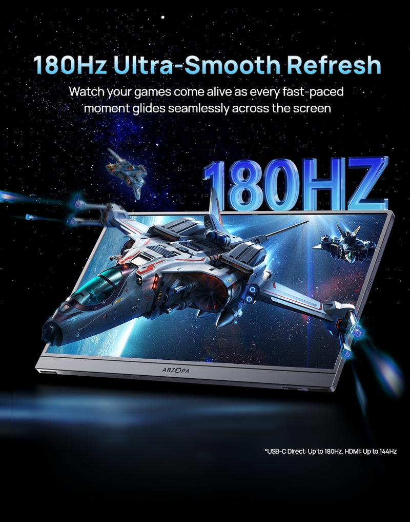 ARZOPA 16.1" 2.5K 180Hz Portable Gaming Monitor 107% sRGB 2560x1440 QHD 1080P Ultra Slim External Second Screen for Laptop PC PS5 Mac Xbox with Built-in KickStand & Dual Speakers