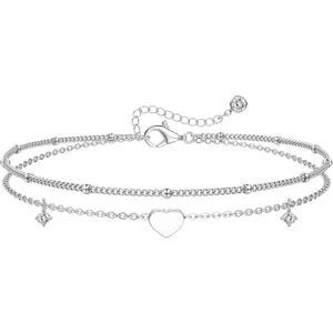 MILACOLATO 925 Sterling Silver Anklet Bracelets for Women Adjustable Women's Anklets for Women Waterproof Butterfly Beaded CZ Heart Beach Layered Ankle Chains for Women