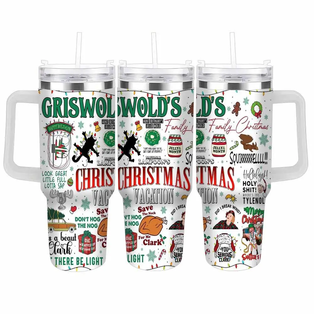Griswold's Christmas Vacation Insulated Stainless Steel Travel Tumbler Flask - 40oz/30oz/20oz Portable Plastic Drink Bottle with Straw, Squirrel & Christmas Lights Graphics, Durable Insulation, Holiday Gift for Family