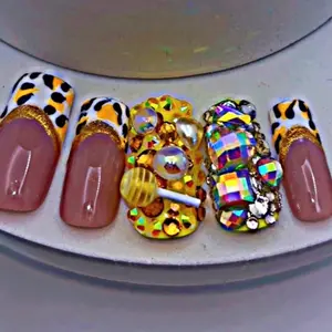 Yellow Canary Press On Nail Set with Leopard Print and Rhinestone Accents for Stylish Manicures