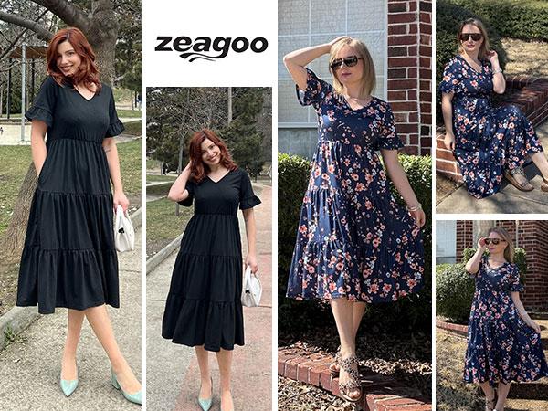 ZEAGOO DealsForYouDays Women's Summer Dresses Midi Tiered Casual Dress Floral V Neck Ruffle Short Sleeve Flowy Beach Dress with Pockets