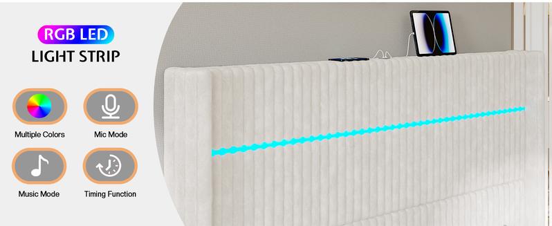 AMERLIFE Bed Frame with LED Lights Charging Station, Corduroy Upholstered Platform Bed Frame with 60" Tall Wingback Headboard/No Box Spring Needed,Best Gift Ideas/Christmas Gifts