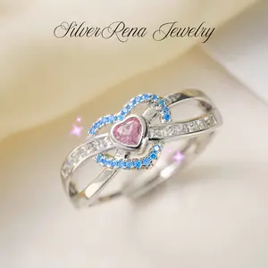 S925 Sterling Silver Lovely Heart Ring with Pink and Blue Cubic Zircon, Elegant and Romantic Style, Ideal for Daily Wear and Party, Valentine's Day Daughter's Birthday Anniversary Gift