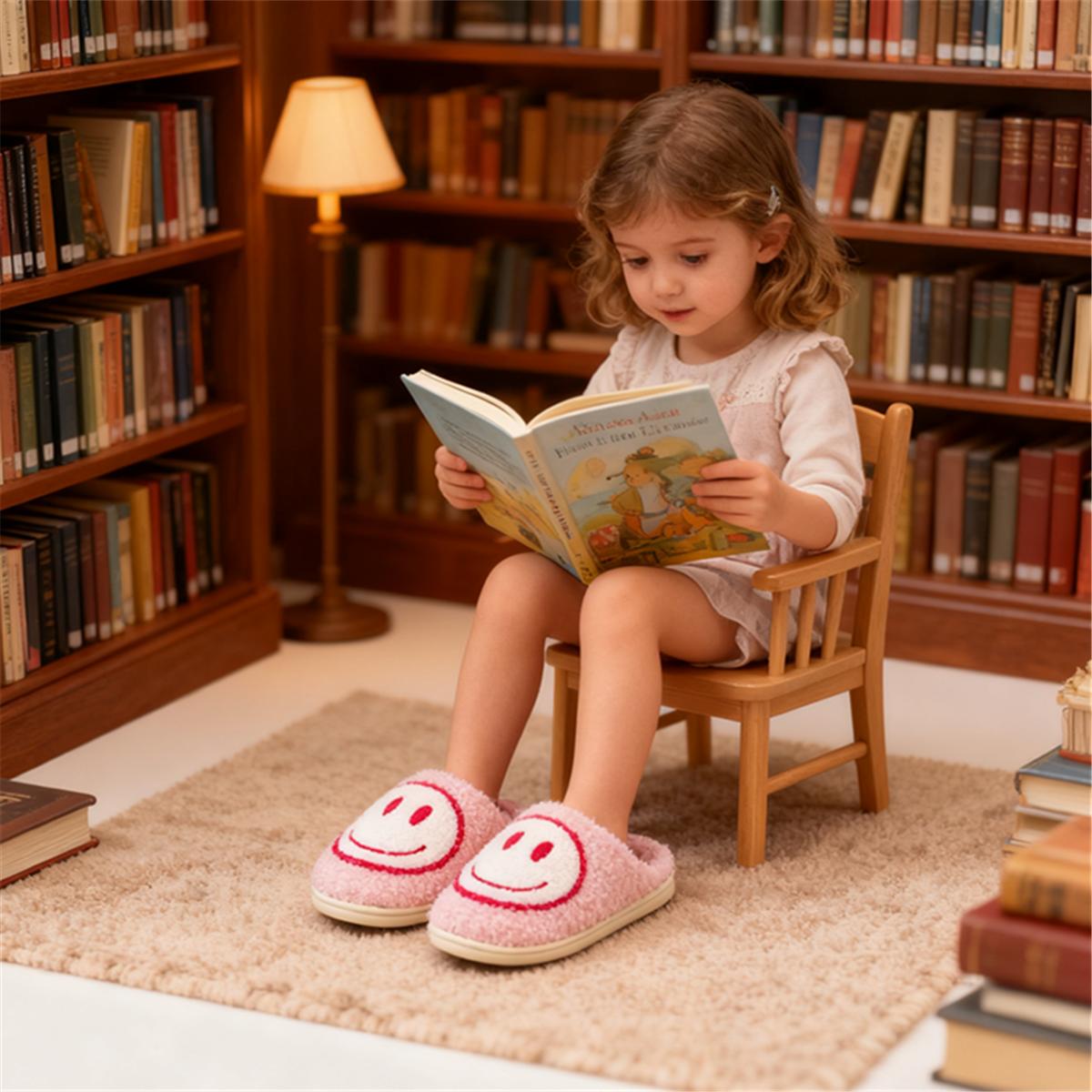 Lumubby Cute Kids Smile Face Slippers for Girls Boys Soft Plush Non-Slip Toddler House Slippers Indoor Outdoor Faux Fur Lined Fluffy Cozy Rubber Sole