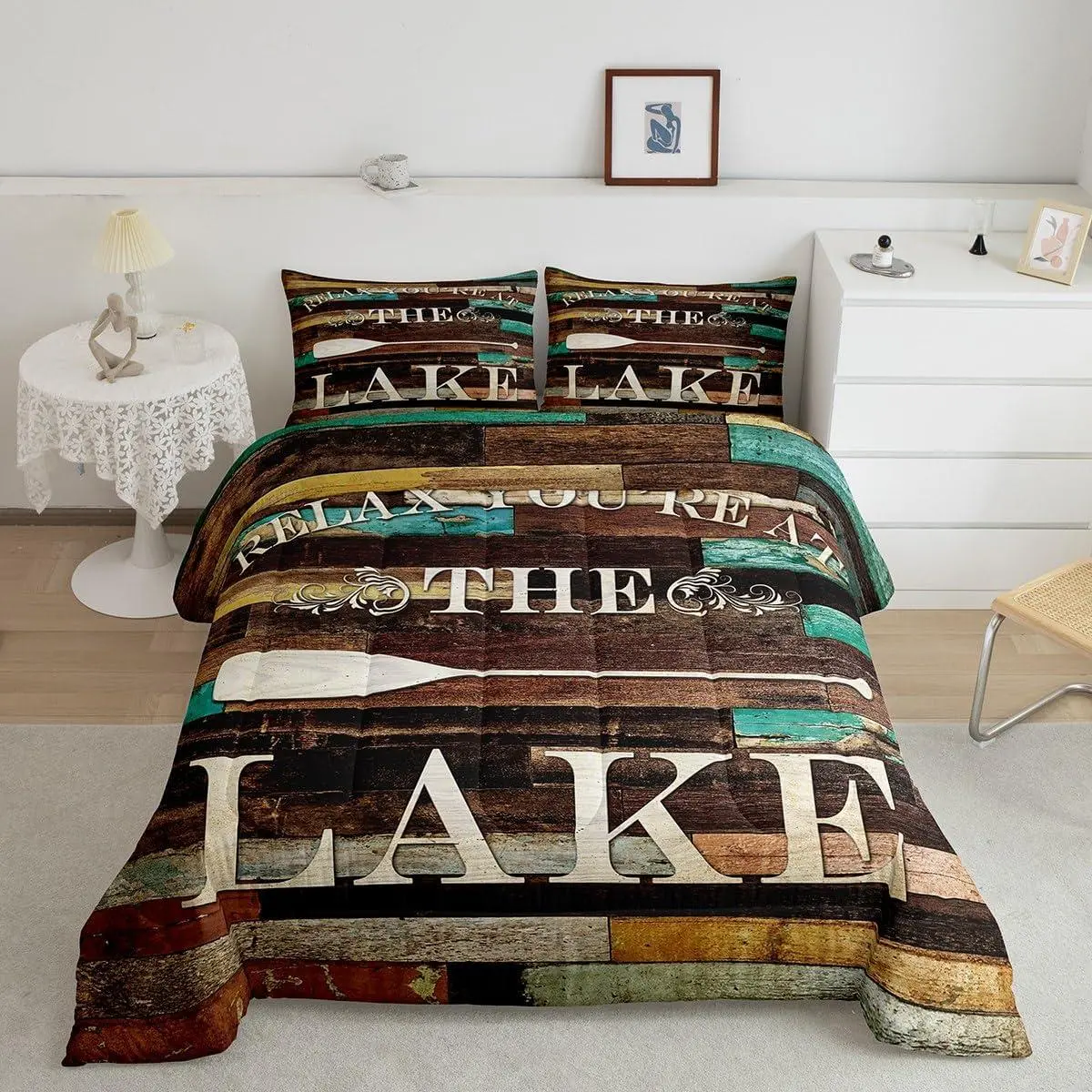 Lake House Bedding Quilt Rustic Vintage Old Wood Door Comforter Set Cabin Room Decor Lake Boat Paddle Print Quilted Duvet Brown Green Bright Duvet Insert,Pillowcases