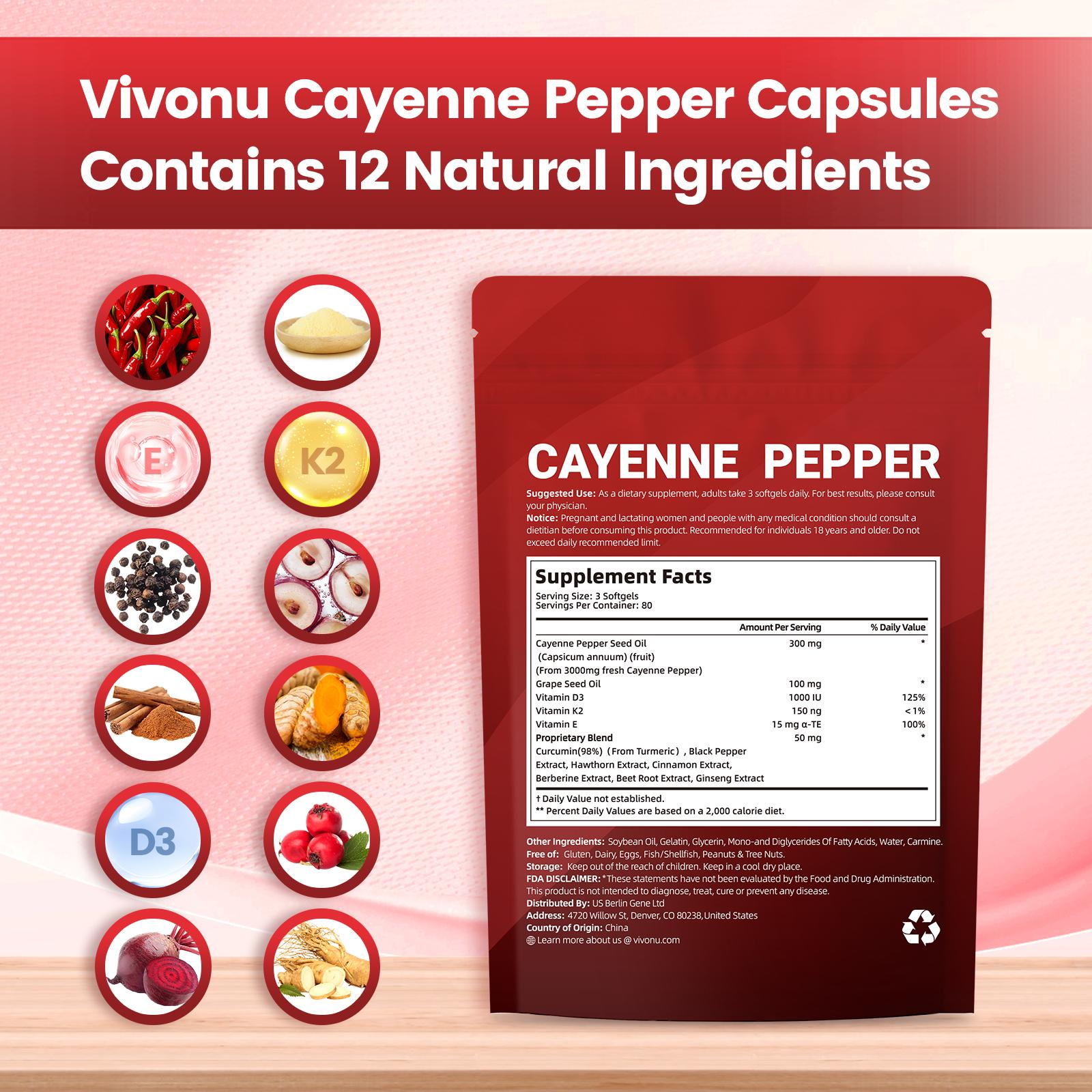 Cayenne Pepper Softgels Supplement, Supports Leg Vein, Heart and Blood Vessel Health, with Vitamin E D3+K2 and Extracts of Grape Seed, Hawthorn, Beetroot and Others (240 Softge /1 Bag) Cayenne Pepper Softgels Supplement, Supports Leg Vein, Heart and Blood Vessel Health, with Vitamin E D3+K2 and Extracts of Grape Seed, Hawthorn, Beetroot and Others (240 Softge /1 Bag)