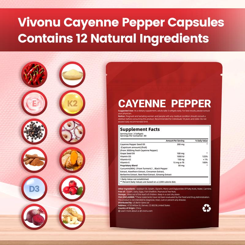 Cayenne Pepper Softgels Supplement, Supports Leg Vein, Heart and Blood Vessel Health, with Vitamin E D3+K2 and Extracts of Grape Seed, Hawthorn, Beetroot and Others (240 Softge /1 Bag) Cayenne Pepper Softgels Supplement, Supports Leg Vein, Heart and Blood Vessel Health, with Vitamin E D3+K2 and Extracts of Grape Seed, Hawthorn, Beetroot and Others (240 Softge /1 Bag)
