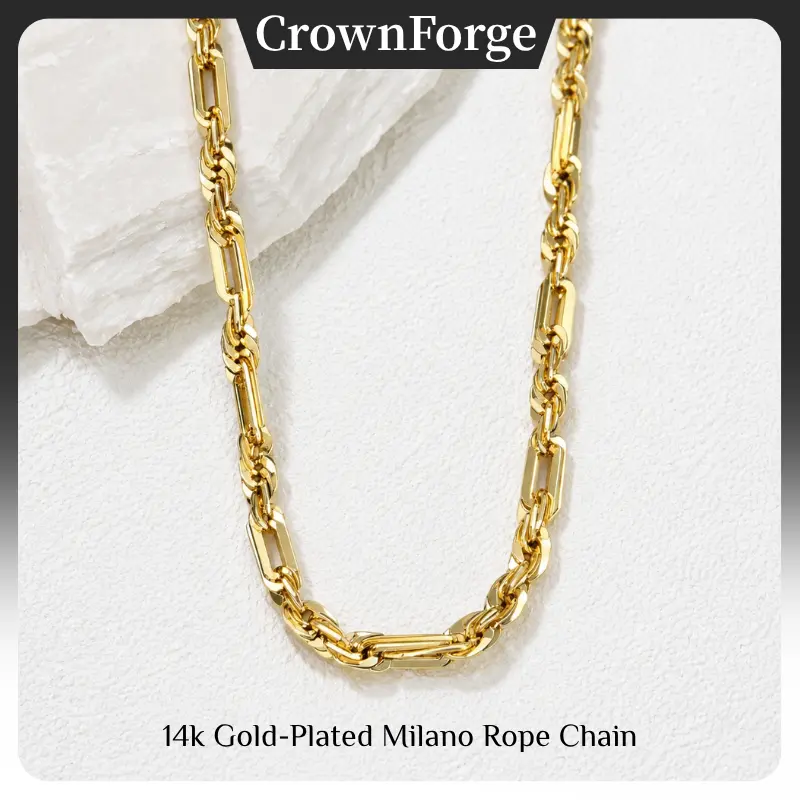 14K Real Gold-Plated Milano Rope Chain Necklace, Trendy Minimalist Jewelry for Men & Women, Elegant Rope Twist Chain Design, Hypoallergenic Stainless Steel Necklace, Fashion Accessories, Perfect Gift for Him & Her
