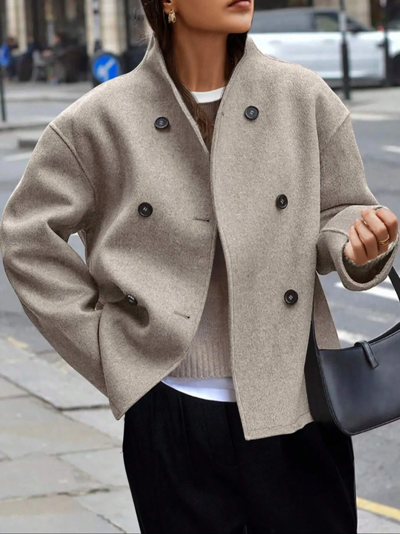 Women's Short Woven Coat, Basic Thick Fabric Casual Oversized Loose-Fit Long Sleeve Jacket for Fall & Winter Seasons, Stylish Daily Wear Outerwear, Womenswear