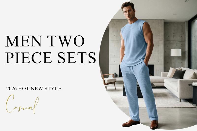 JMIERR Mens 2 Piece Rib Knit Sweatsuit Summer Sleeveless Tank Top Baggy Wide Leg Pants Set Vacation Beach Outfit for Men