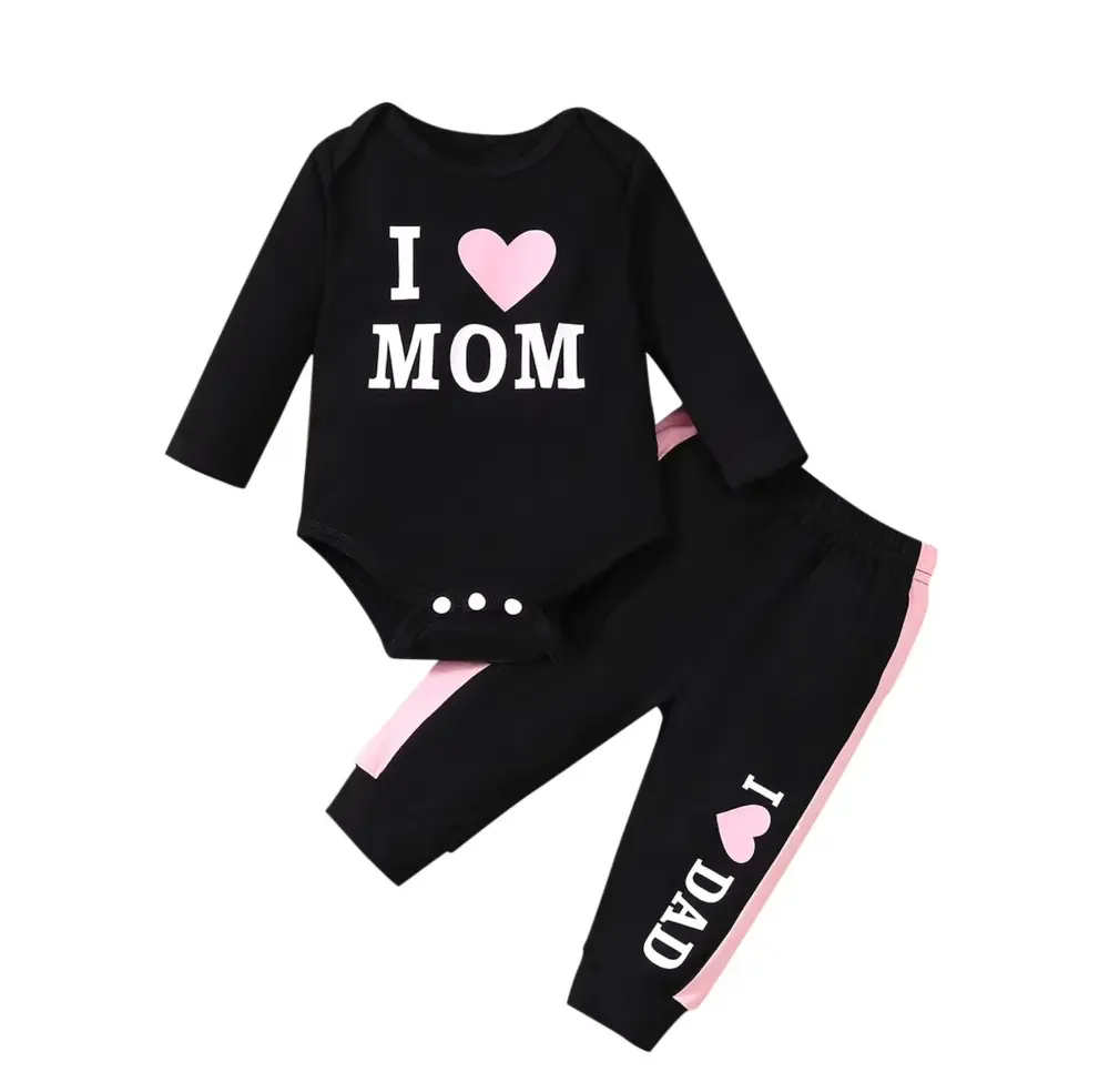 Newborn Baby 2Pcs Outfit, I Love Mom Dad Print Long Sleeve Bodysuit + Pants Set, Soft Cotton Newborn Infant Clothes