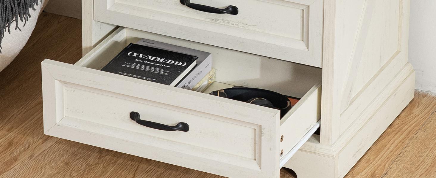 HOMMPA 24'' Farmhouse Nightstand with Charging Station, Bedside Tables with Storage, Side Table with USB Port, 3 Drawers End Table Dresser, Wood Night Stand for Bedroom, Living Room, Rustic White